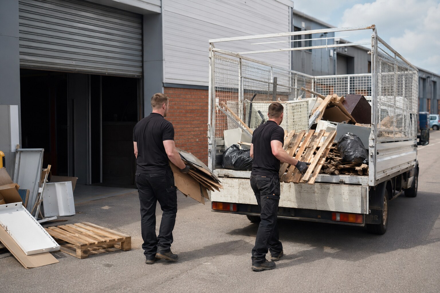 Commercial waste being loaded into a caged tipper at an industrial estate