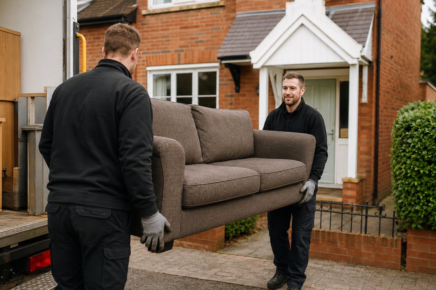 Waste collection team removing a sofa from a home