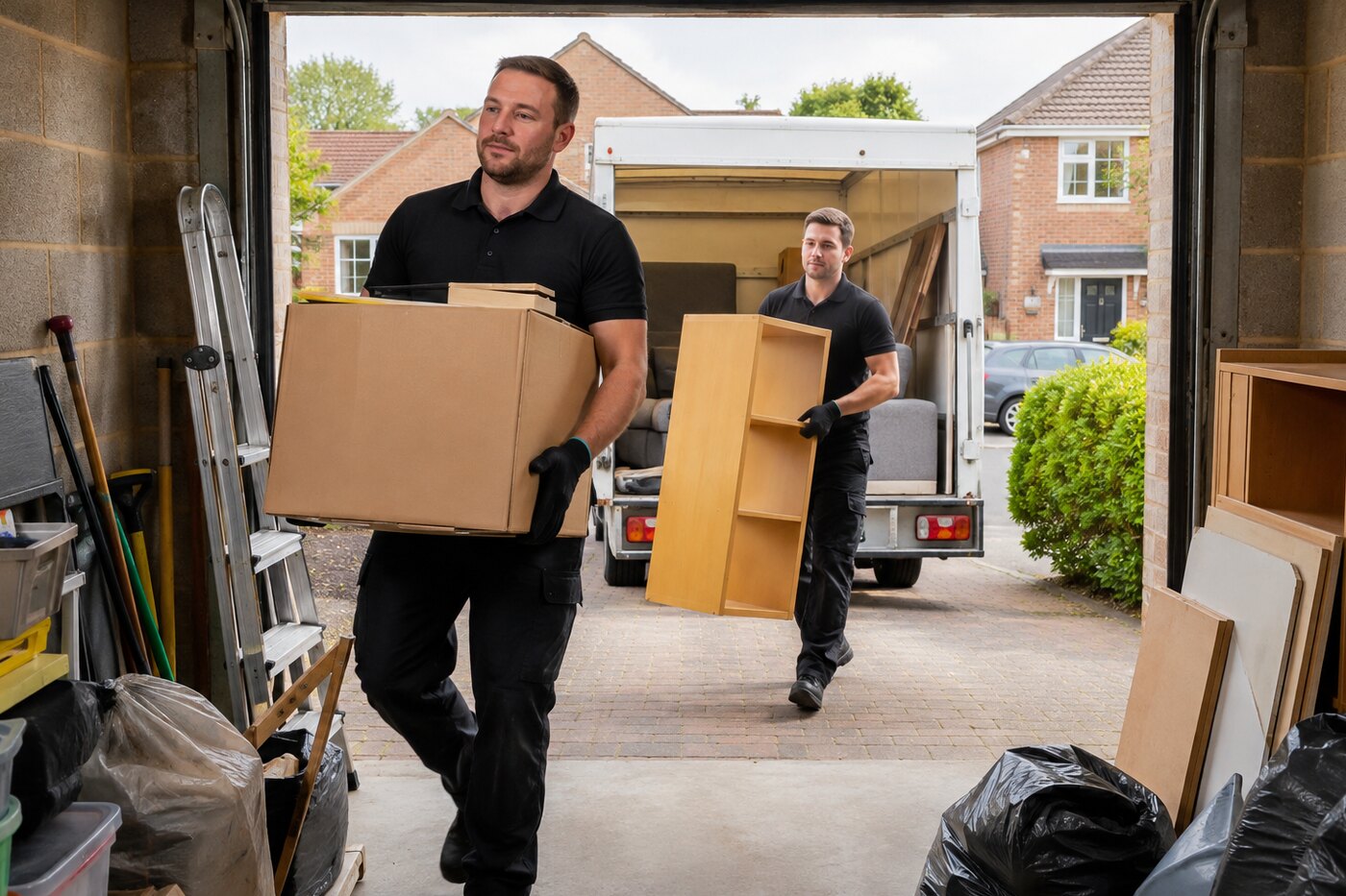 Professional team carrying unwanted items from a garage