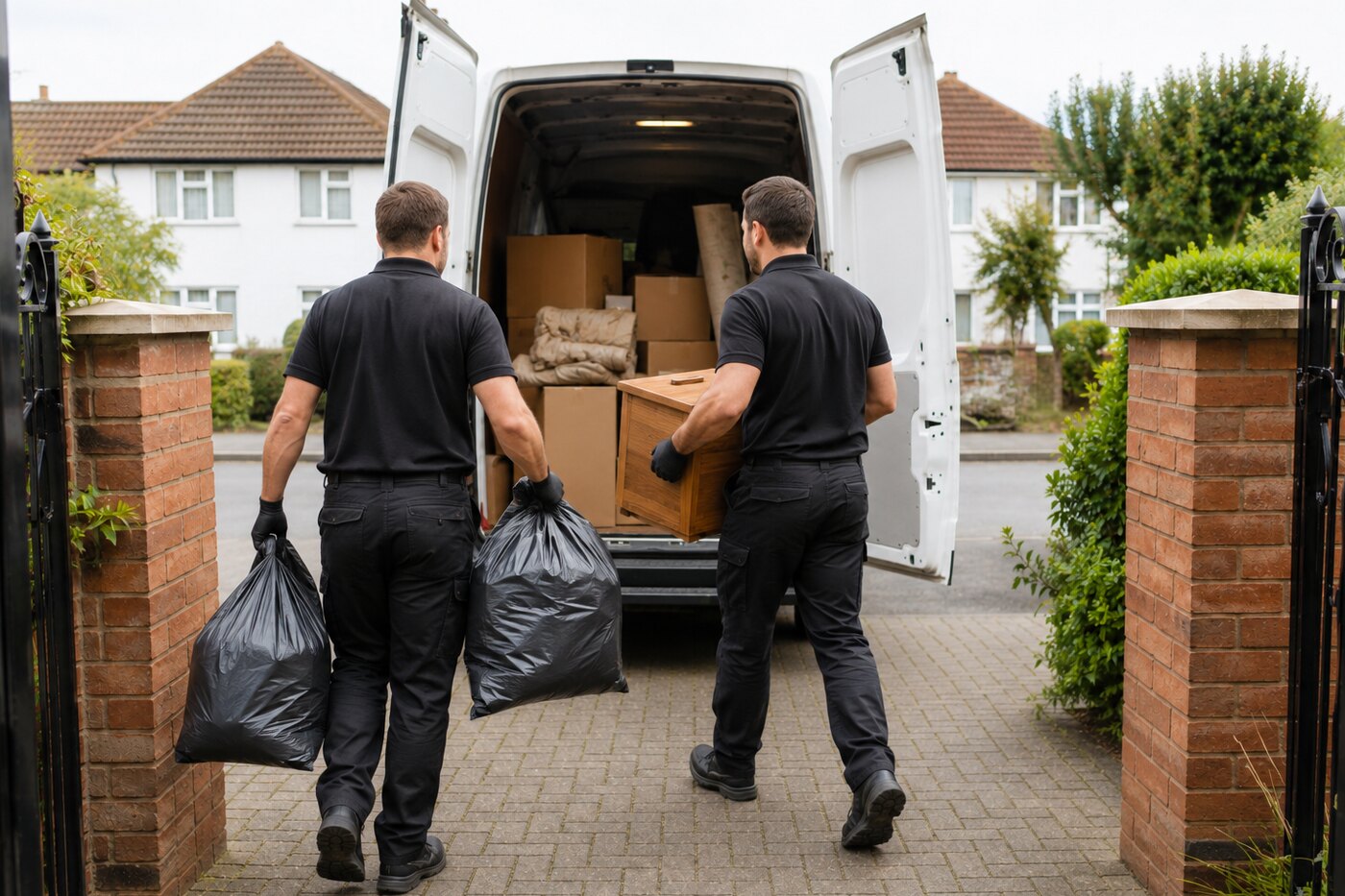 Professional team loading unwanted items into a van during a house clearance