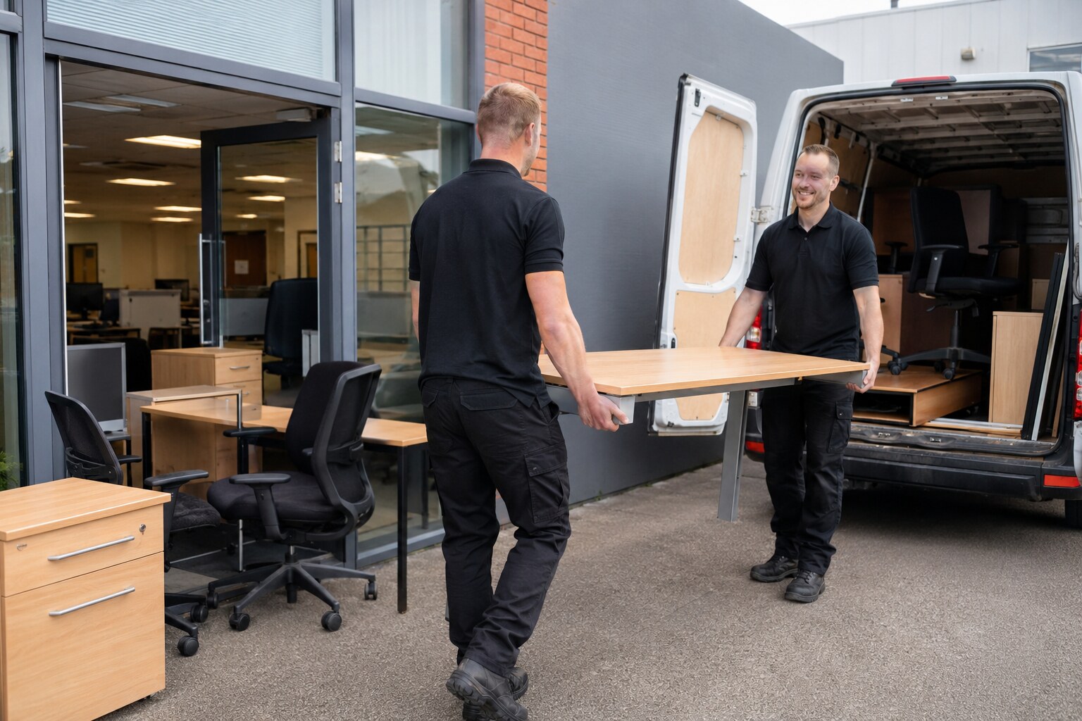 Professional team removing desks and office furniture during a commercial clearance